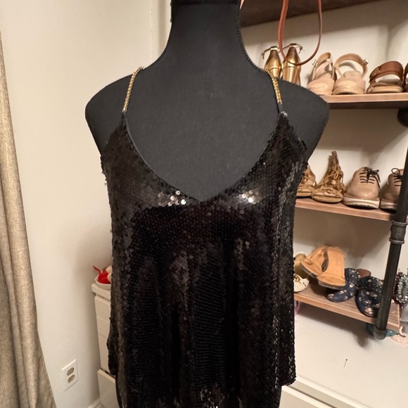 Black Sequin Tank Top with Gold Straps - Picture 2 of 5